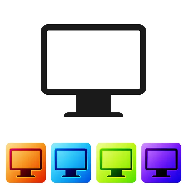 Icono de pantalla de monitor de computadora negra aislado sobre fondo blanco. Dispositivo electrónico. Vista frontal. Establecer icono en los botones cuadrados de color. Ilustración vectorial — Vector de stock