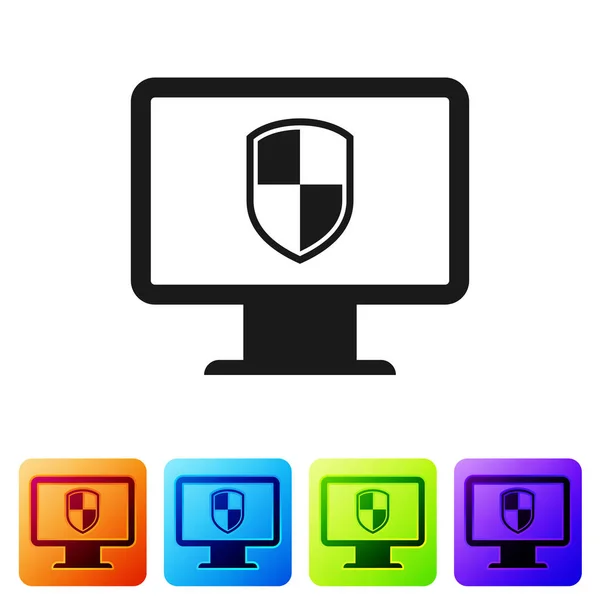Μαύρο υπολογιστή οθόνη και ασπίδα εικονίδιο απομονώνεται σε λευκό φόντο. Ασφάλεια υπολογιστή, τεχνολογία τείχους προστασίας, ασφάλεια απορρήτου του Διαδικτύου ή antivirus. Ορίστε το εικονίδιο σε Τετραγωνικές αποχρώσεις. Απεικόνιση διανυσματικών φορέων — Διανυσματικό Αρχείο