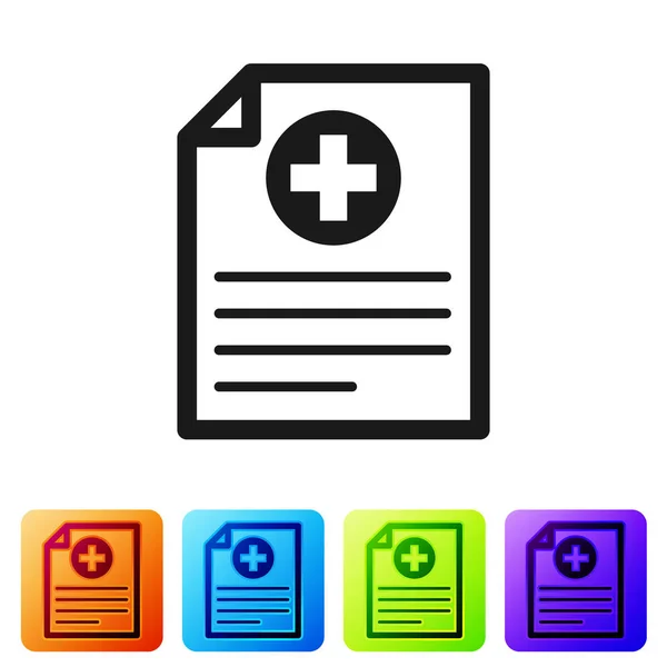 Černá lékařská schránka s ikonou klinického záznamu na bílém pozadí. Formulář zdravotního pojištění. Lékařský předpis, lékařský kontrolní doklad. Nastavte ikonu v barevných hranových tlačítkách. Vektorová ilustrace — Stockový vektor