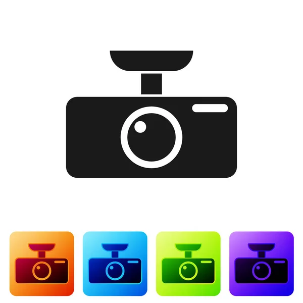 Coche negro DVR icono aislado sobre fondo blanco. Icono de grabadora de vídeo digital para coche. Establecer icono en los botones cuadrados de color. Ilustración vectorial — Vector de stock