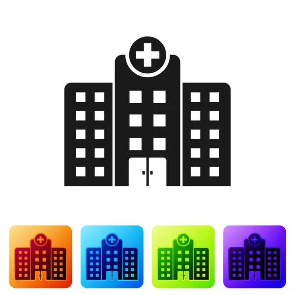 Black Medical hospital building with cross icon isolated on white background. Medical center. Health care. Set icon in color square buttons. Vector Illustration — стоковий вектор