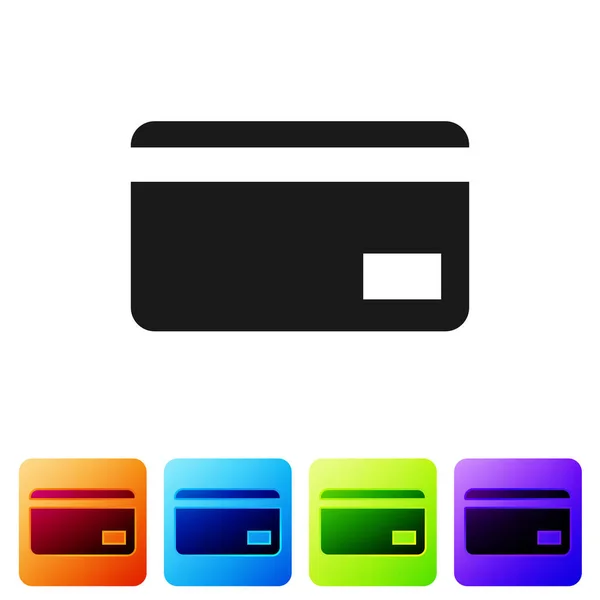 Ikona černé kreditní karty je izolovaná na bílém pozadí. Platba online. Výdejní hotovost. Finanční operace. Obchodní značka. Nastavte ikonu v barevných hranových tlačítkách. Vektorová ilustrace — Stockový vektor