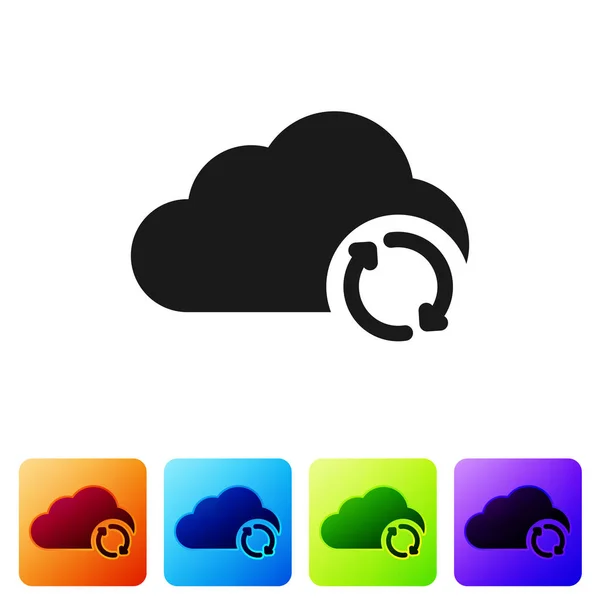 Black Cloud sync refresh icon isolated on white background. Cloud and arrows. Set icon in color square buttons. Vector Illustration