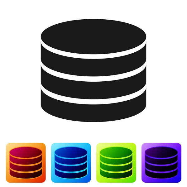 Schwarzes Datenbanksymbol isoliert auf weißem Hintergrund. Netzwerk-Datenbanken, Disc mit Fortschrittsbalken. Sicherungskonzept. setzen Sie das Symbol in quadratischen Schaltflächen. Vektorillustration — Stockvektor
