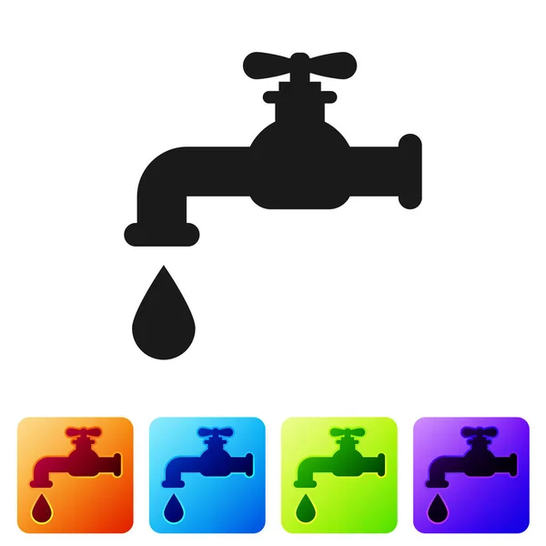 Black Water tap with a falling water drop icon isolated on white background. Set icon in color square buttons. Vector Illustration — Διανυσματικό Αρχείο