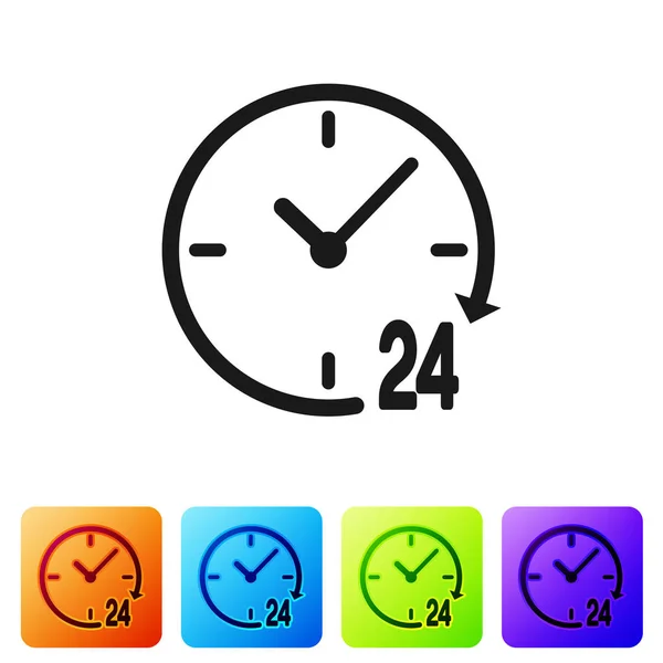 Чорний годинник 24 години значок ізольований на білому тлі. Цілий день циклічної ікони. 24-годинне позначення служби. Установити піктограму в колірних квадратних кнопках. Векторна ілюстрація — стоковий вектор