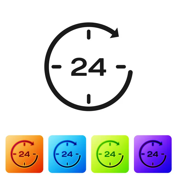 Black Clock 24 hours icon isolated on white background. All day cyclic icon. 24 hours service symbol. Set icon in color square buttons. Vector Illustration — Stock Vector