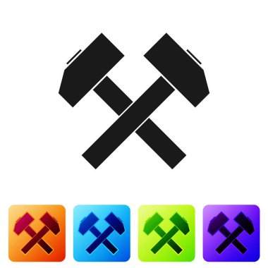 Siyah Iki beyaz arka planda izole çekiç simgesi geçti. Tamir aracı. Renk kare düğmelerinde simgeyi ayarlayın. Vektör Illustration