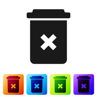 Siyah çöp kutusu beyaz arka planda yalıtılmış simgesi olabilir. İşareti Sil. Çöp kutusu işareti. Sepet simgesini geri dönüştürün. Ofis çöpü. Renk kare düğmelerinde simgeyi ayarlayın. Vektör Illustration