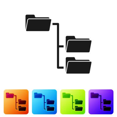 Siyah klasör ağacı simgesi beyaz arka planda yalıtılmış. Bilgisayar ağı dosya klasörü organizasyon yapısı akış şeması. Renk kare düğmelerinde simgeyi ayarlayın. Vektör Illustration