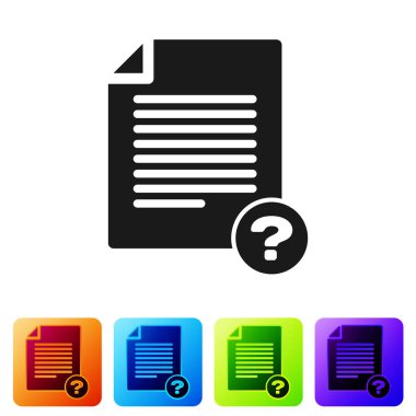 Siyah bilinmeyen belge simgesi beyaz arka planda yalıtılmış. Soru işareti olan dosya. Rapor, hizmet ve genel arama işaretini tutun. Renk kare düğmelerinde simgeyi ayarlayın. Vektör Illustration