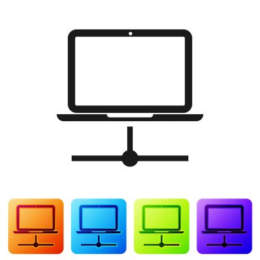 Siyah bilgisayar ağ simgesi beyaz arka planda yalıtılmış. Dizüstü bilgisayar ağı. Internet bağlantısı. Renk kare düğmelerinde simgeyi ayarlayın. Vektör Illustration