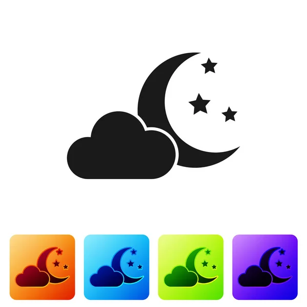 Black Cloud with moon and stars icon isolated on white background. Cloudy night sign. Sleep dreams symbol. Night or bed time sign. Set icon in color square buttons. Vector Illustration — Wektor stockowy