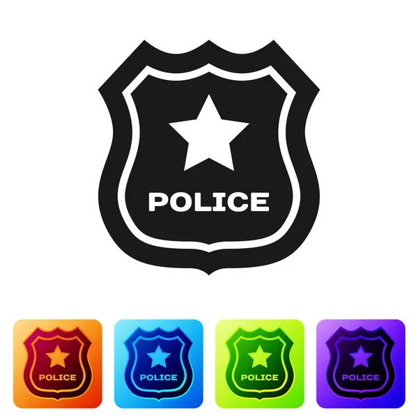 Ícone de crachá preto da polícia isolado no fundo branco. Assinatura do distintivo do xerife. Definir ícone em botões quadrados de cor. Ilustração vetorial —  Vetores de Stock