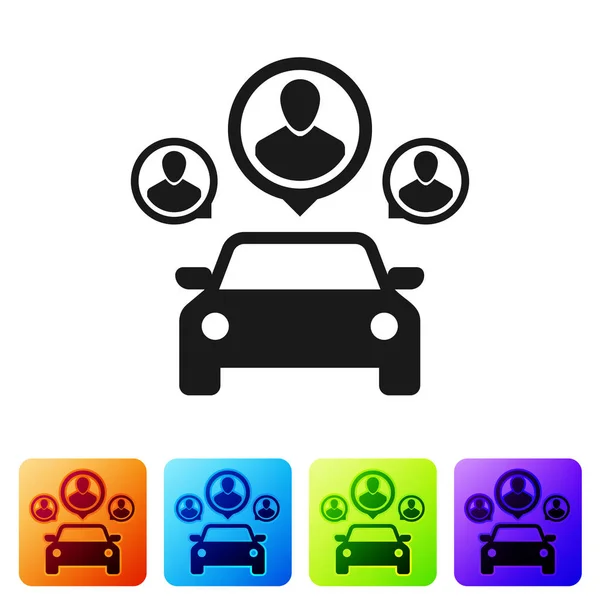 Siyah araba insan grubu ile paylaşım simgesi beyaz arka planda izole. Carsharing işareti. Taşımacılık kiralama hizmeti konsepti. Renk kare düğmelerinde simgeyi ayarlayın. Vektör Illustration