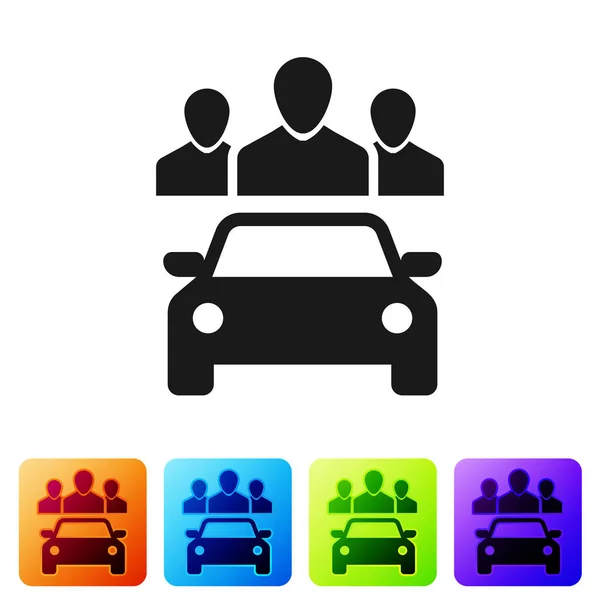 Fekete autó megosztása a csoport az emberek ikon elszigetelt fehér háttér. Carsharing jel. Szállítási szolgáltatás koncepcióját. Az ikon beállítása a színes négyzetgombokon. Vektoros illusztráció — Stock Vector