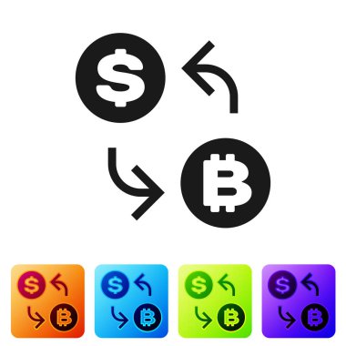 Siyah cryptocurrency değişimi simgesi beyaz arka planda izole. Bitcoin dolar değişim simgesi. Kripto para teknolojisi, mobil bankacılık. Renk kare düğmelerinde simgeyi ayarlayın. Vektör Illustration