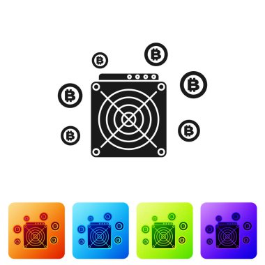 Siyah asik madenci simgesi beyaz arka planda izole. Cryptocurrency madencilik ekipman ve donanım. Uygulamaya özel entegre devre. Renk kare düğmelerinde simgeyi ayarlayın. Vektör Illustration