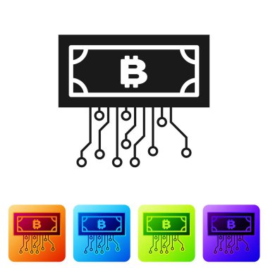 Siyah cryptocurrency kavramı beyaz arka planda mikroçip devre simgesi ile daire Bitcoin. Blockchain teknolojisi, dijital para piyasası. Renk kare düğmelerinde simgeyi ayarlayın. Vektör Illustration