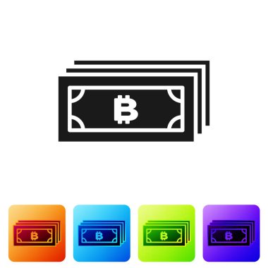 Siyah cryptocurrency kavramı beyaz arka planda mikroçip devre simgesi ile daire Bitcoin. Blockchain teknolojisi, dijital para piyasası. Renk kare düğmelerinde simgeyi ayarlayın. Vektör Illustration