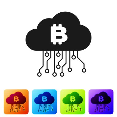 Siyah cryptocurrency bulut madenciliği simgesi beyaz arka planda izole. Blockchain teknolojisi, Bitcoin, dijital para piyasası, kripoin cüzdanı. Renk kare düğmelerinde simgeyi ayarlayın. Vektör Illustration