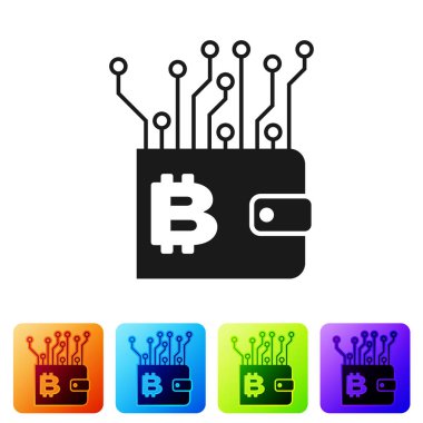 Siyah cryptocurrency cüzdan simgesi beyaz arka planda izole. Cüzdan ve Bitcoin işareti. Madencilik konsepti. Para, ödeme, nakit, ödeme simgesi. Renk kare düğmelerinde simgeyi ayarlayın. Vektör Illustration