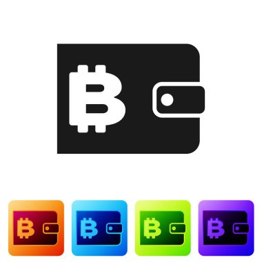Siyah cryptocurrency cüzdan simgesi beyaz arka planda izole. Cüzdan ve Bitcoin işareti. Madencilik konsepti. Para, ödeme, nakit, ödeme simgesi. Renk kare düğmelerinde simgeyi ayarlayın. Vektör Illustration