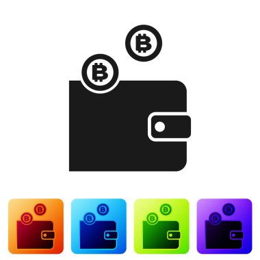 Siyah cryptocurrency cüzdan simgesi beyaz arka planda izole. Cüzdan ve Bitcoin işareti. Madencilik konsepti. Para, ödeme, nakit, ödeme simgesi. Renk kare düğmelerinde simgeyi ayarlayın. Vektör Illustration