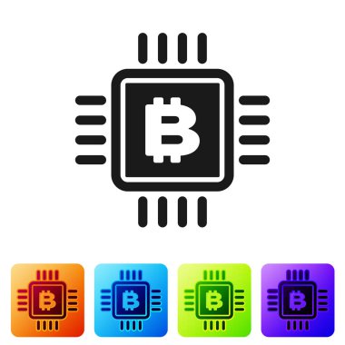 Siyah CPU madenciliği çiftlik simgesi beyaz arka planda yalıtılmış. Microchip içinde Bitcoin işareti. Cryptocurrency madencilik topluluğu. Dijital para. Renk kare düğmelerinde simgeyi ayarlayın. Vektör Illustration