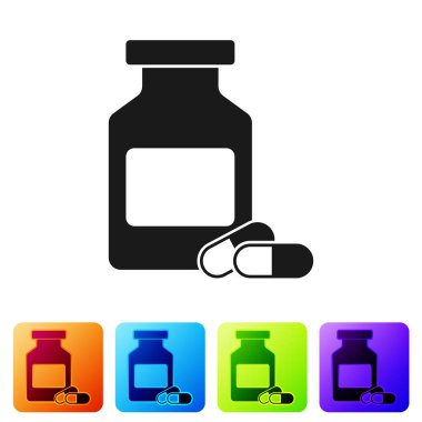 Siyah tıp şişe ve hap simgesi beyaz arka planda izole. Şişe hap işareti. Eczane tasarımı. Renk kare düğmelerinde simgeyi ayarlayın. Vektör Illustration