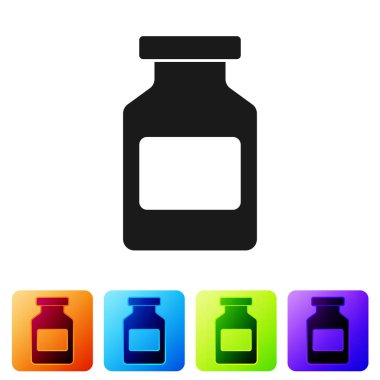 Siyah tıp şişe simgesi beyaz arka planda izole. Şişe hap işareti. Eczane tasarımı. Renk kare düğmelerinde simgeyi ayarlayın. Vektör Illustration