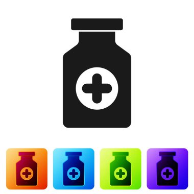 Siyah tıp şişe simgesi beyaz arka planda izole. Şişe hap işareti. Eczane tasarımı. Renk kare düğmelerinde simgeyi ayarlayın. Vektör Illustration