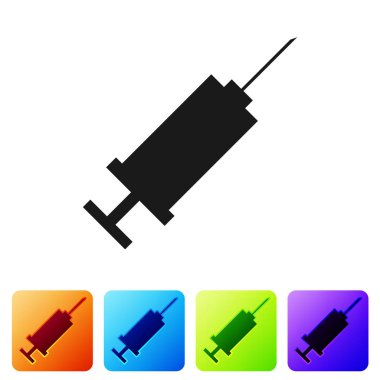 Beyaz arka planda izole siyah şırınga simgesi. Aşı, aşılama, enjeksiyon, grip atışı için şırınga. Tıbbi ekipmanlar. Renk kare düğmelerinde simgeyi ayarlayın. Vektör Illustration