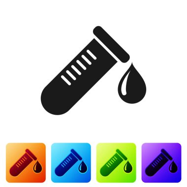 Siyah test tüp veya beyaz arka planda izole kan simgesi damla ile Flask. Laboratuar, kimyasal, bilimsel cam işareti. Renk kare düğmelerinde simgeyi ayarlayın. Vektör Illustration