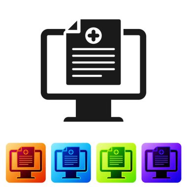 Siyah tıbbi klinik kayıt monitör simgesi beyaz arka planda izole. Sağlık sigortası formu. Reçete, tıbbi kontrol işaretleri raporu. Renk kare düğmelerinde simgeyi ayarlayın. Vektör Illustration
