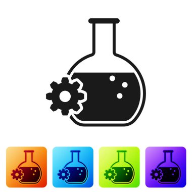 Siyah Biyomühendislik simgesi beyaz arka planda izole. Genetik ve Biyomühendislik simgesi unsuru. Biyoloji, molekül, kimyasal simge. Renk kare düğmelerinde simgeyi ayarlayın. Vektör Illustration