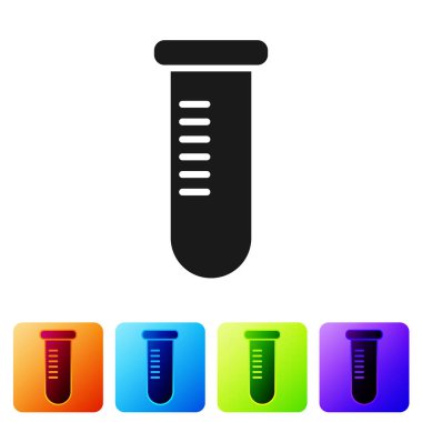 Siyah test tüp veya Flask-kimyasal laboratuar testi simgesi beyaz arka planda izole. Laboratuar, bilimsel cam işareti. Renk kare düğmelerinde simgeyi ayarlayın. Vektör Illustration
