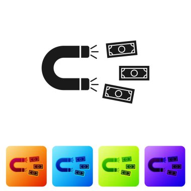 Siyah mıknatıs para simgesi beyaz arka planda izole. Yatırımlar, para çekme kavramı. Büyük iş kâr cazibe ve başarı. Renk kare düğmelerinde simgeyi ayarlayın. Vektör Illustration