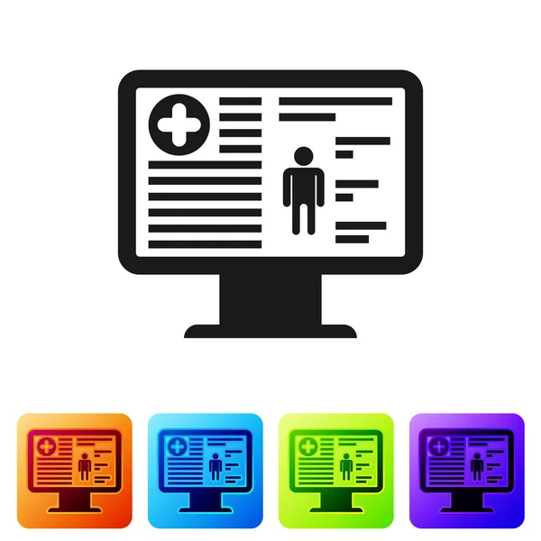 Black Medical clinical record on monitor icon isolated on white background. Health insurance form. Prescription, medical check marks report. Set icon in color square buttons. Vector Illustration — Stock Vector