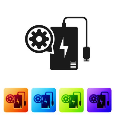 Beyaz arka planda şarj kablosu ve dişli simgesi ile siyah güç Bankası. Uygulama, hizmet kavramı, ayar seçenekleri, bakım, onarım ayarlama. Renk kare düğmelerinde simgeyi ayarlayın. Vektör Illustration