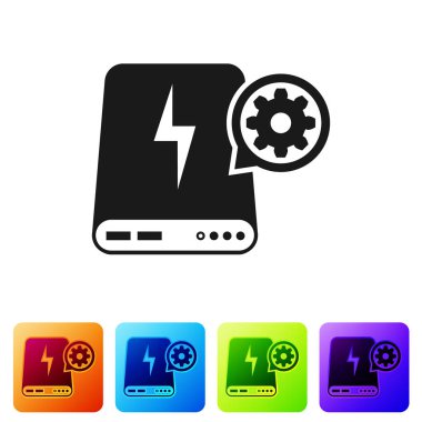 Siyah Güç Bankası ve dişli simgesi beyaz arka planda izole. Uygulama, hizmet kavramı, ayar seçenekleri, bakım, onarım, sabitleme ayarlama. Renk kare düğmelerinde simgeyi ayarlayın. Vektör Illustration