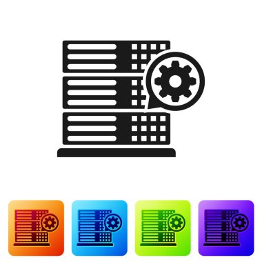 Siyah sunucu ve dişli simgesi beyaz arka planda izole. Uygulama, hizmet kavramı, ayar seçenekleri, bakım, onarım, sabitleme ayarlama. Renk kare düğmelerinde simgeyi ayarlayın. Vektör Illustration