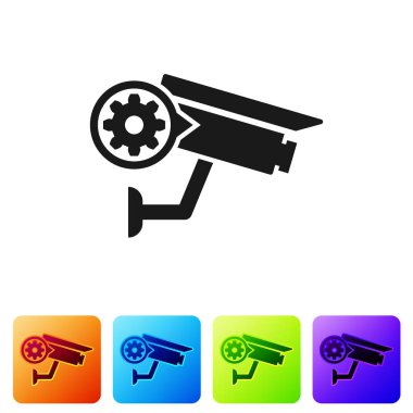 Siyah güvenlik kamera ve dişli simgesi beyaz arka planda izole. Uygulama, hizmet kavramı, ayar seçenekleri, bakım, onarım, sabitleme ayarlama. Renk kare düğmelerinde simgeyi ayarlayın. Vektör Illustration