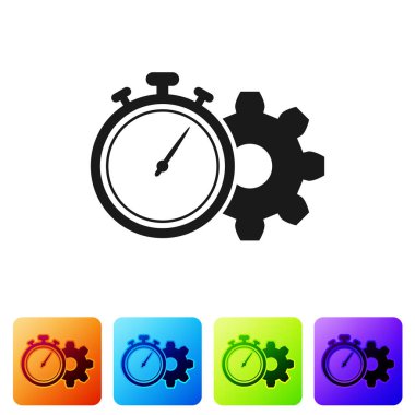 Siyah zaman yönetimi simgesi beyaz arka planda yalıtılmış. Saat ve vites işareti. Verimlilik sembolü. Renk kare düğmelerinde simgeyi ayarlayın. Vektör Illustration