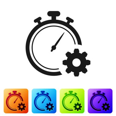 Siyah zaman yönetimi simgesi beyaz arka planda yalıtılmış. Saat ve vites işareti. Verimlilik sembolü. Renk kare düğmelerinde simgeyi ayarlayın. Vektör Illustration