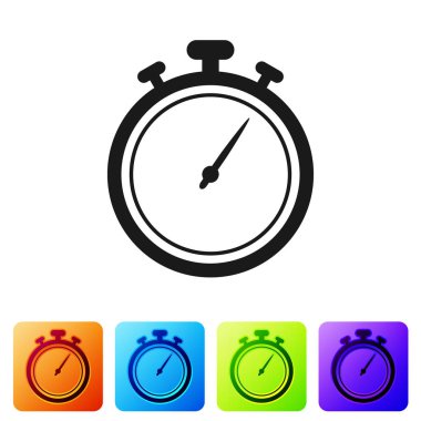 Siyah kronometre simgesi beyaz arka planda yalıtılmış. Zaman Zamanlayıcısı işareti. Kronometre işareti. Renk kare düğmelerinde simgeyi ayarlayın. Vektör Illustration