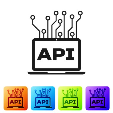 Siyah bilgisayar API arabirimi simgesi beyaz arka planda yalıtılmış. Uygulama programlama arayüzü api teknolojisi. Yazılım entegrasyonu. Renk kare düğmelerinde simgeyi ayarlayın. Vektör Illustration