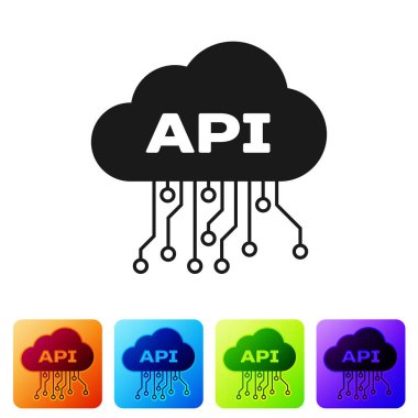 Siyah bulut API arabirimi simgesi beyaz arka planda yalıtılmış. Uygulama programlama arayüzü api teknolojisi. Yazılım entegrasyonu. Renk kare düğmelerinde simgeyi ayarlayın. Vektör Illustration