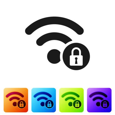 Siyah WiFi kilitli işareti simgesi beyaz arka planda yalıtılmış. Parola Wi-Fi sembolü. Kablosuz ağ simgesi. WiFi bölgesi. Renk kare düğmelerinde simgeyi ayarlayın. Vektör Illustration