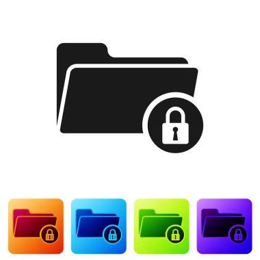 Siyah klasör ve kilit simgesi beyaz arka planda yalıtılmış. Kapalı klasör ve asma kilit. Güvenlik, emniyet, koruma konsepti. Renk kare düğmelerinde simgeyi ayarlayın. Vektör Illustration